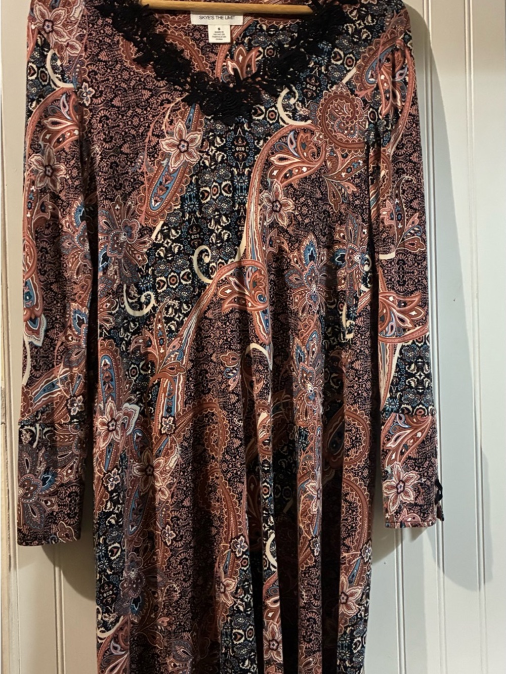 Skye's the Limit Long Sleeve Paisley Dress in Rust, Navy, Cream